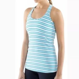 Lululemon Cool Racerback Size 4 Turquoise Stripe White Tank EUC